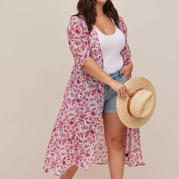 torrid Other - NWT Torrid Pink Floral Chiffon Ruched Sleeve Kimono in Size 2 (18/20)